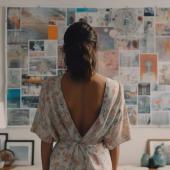 Woman looking at a vision board on the wall