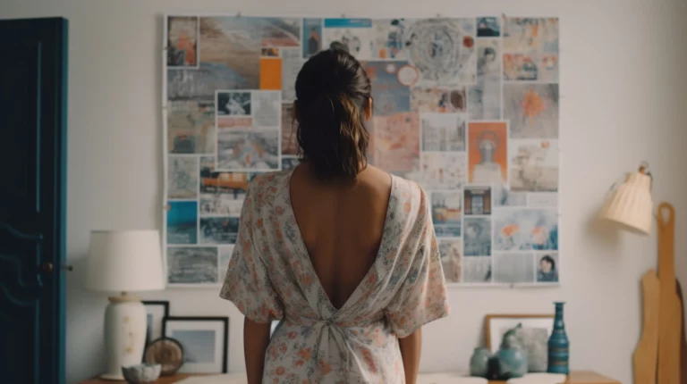 Woman looking at a vision board on the wall