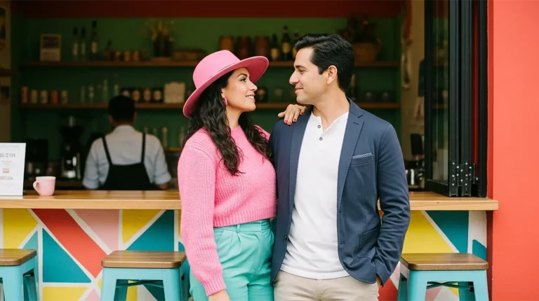 A couple standing in front of a coffee shop