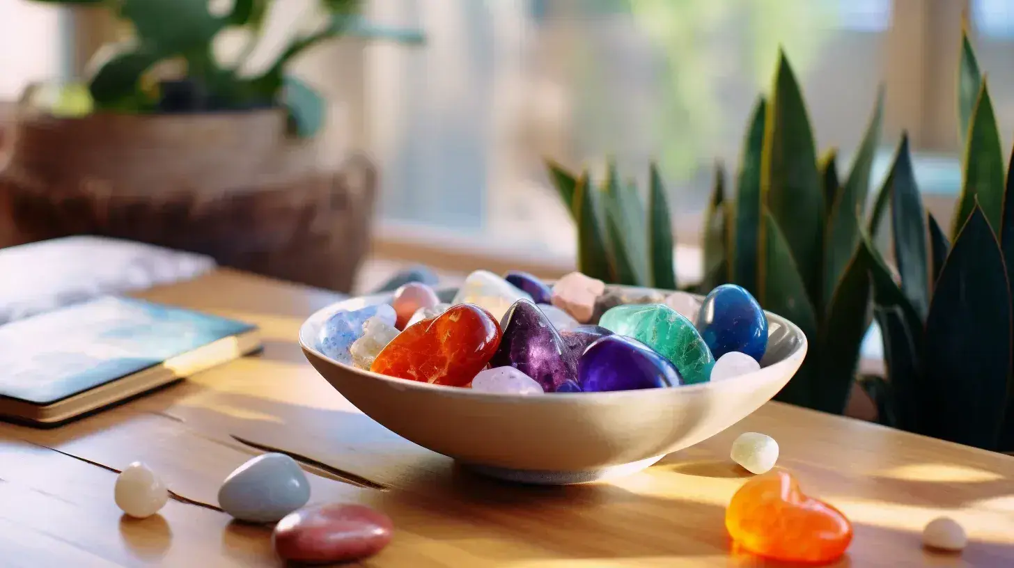 A bowl of stones showing the chakra colors