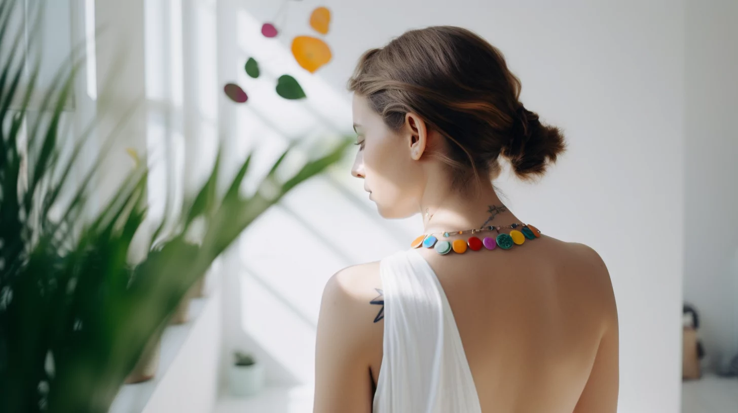 A woman wearing a necklace with the chakra colors