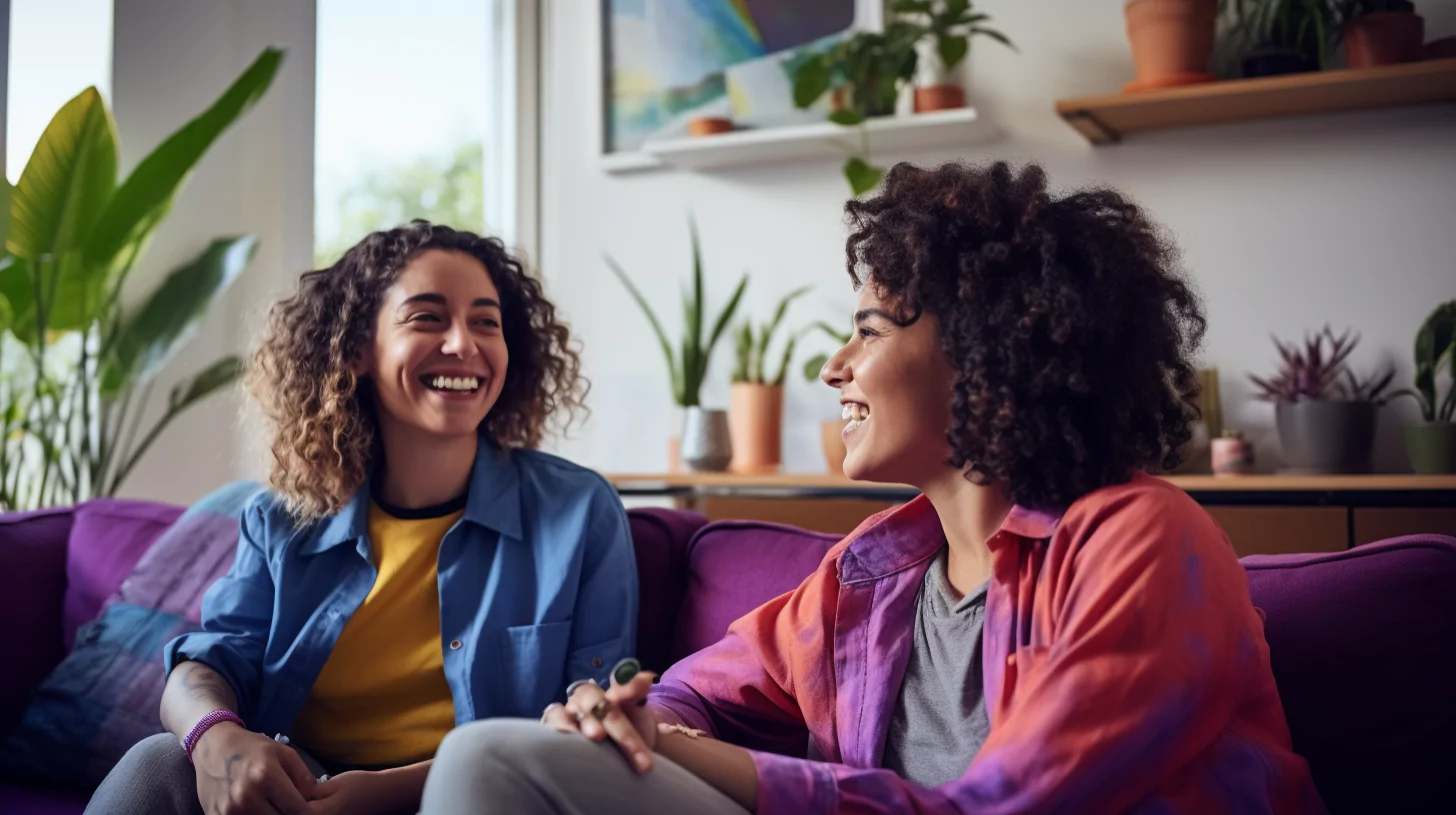 Women talking and sitting on a couch, showing how to be authentic