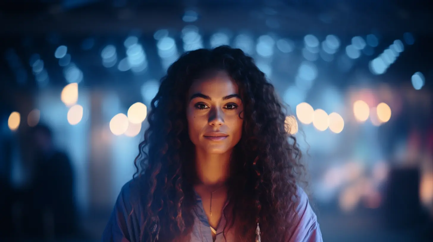 A woman with neon lights behind her