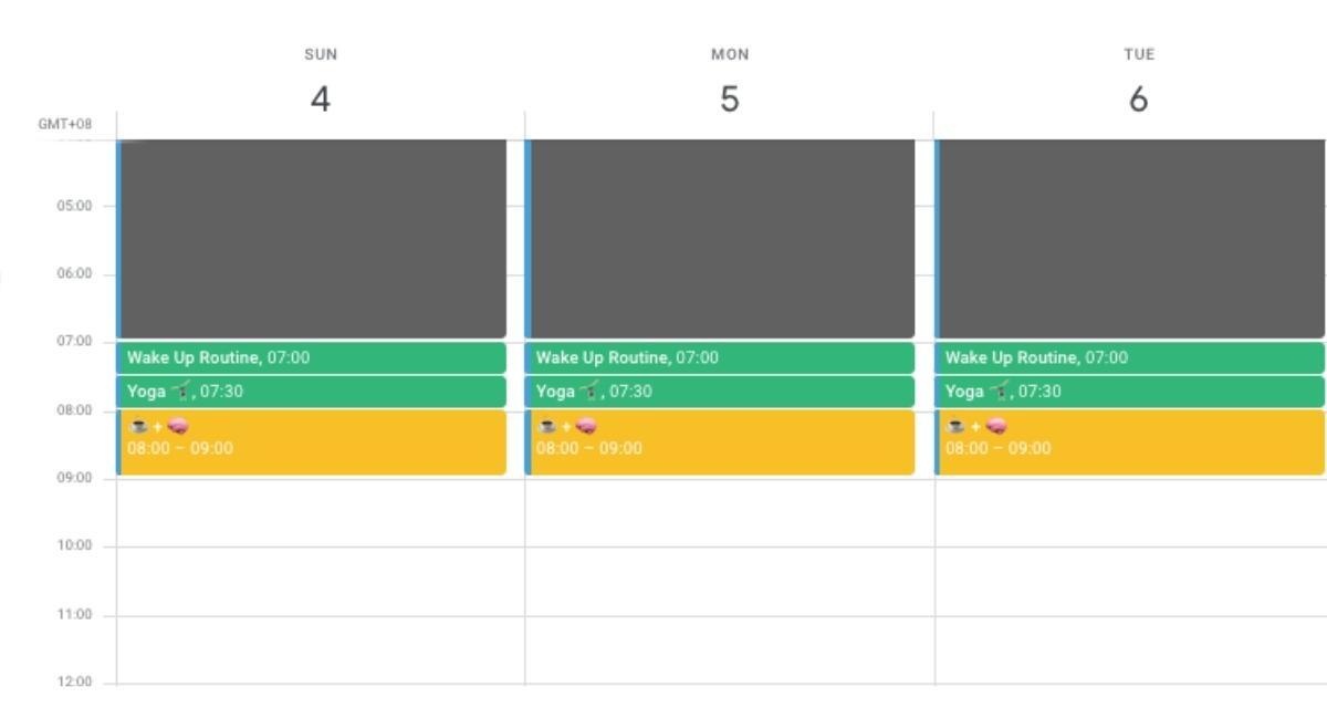 Calendar for time blocking the start and end of the day