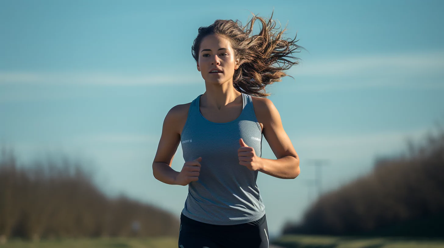 AI-generated image of a mesomorph female running outdoors