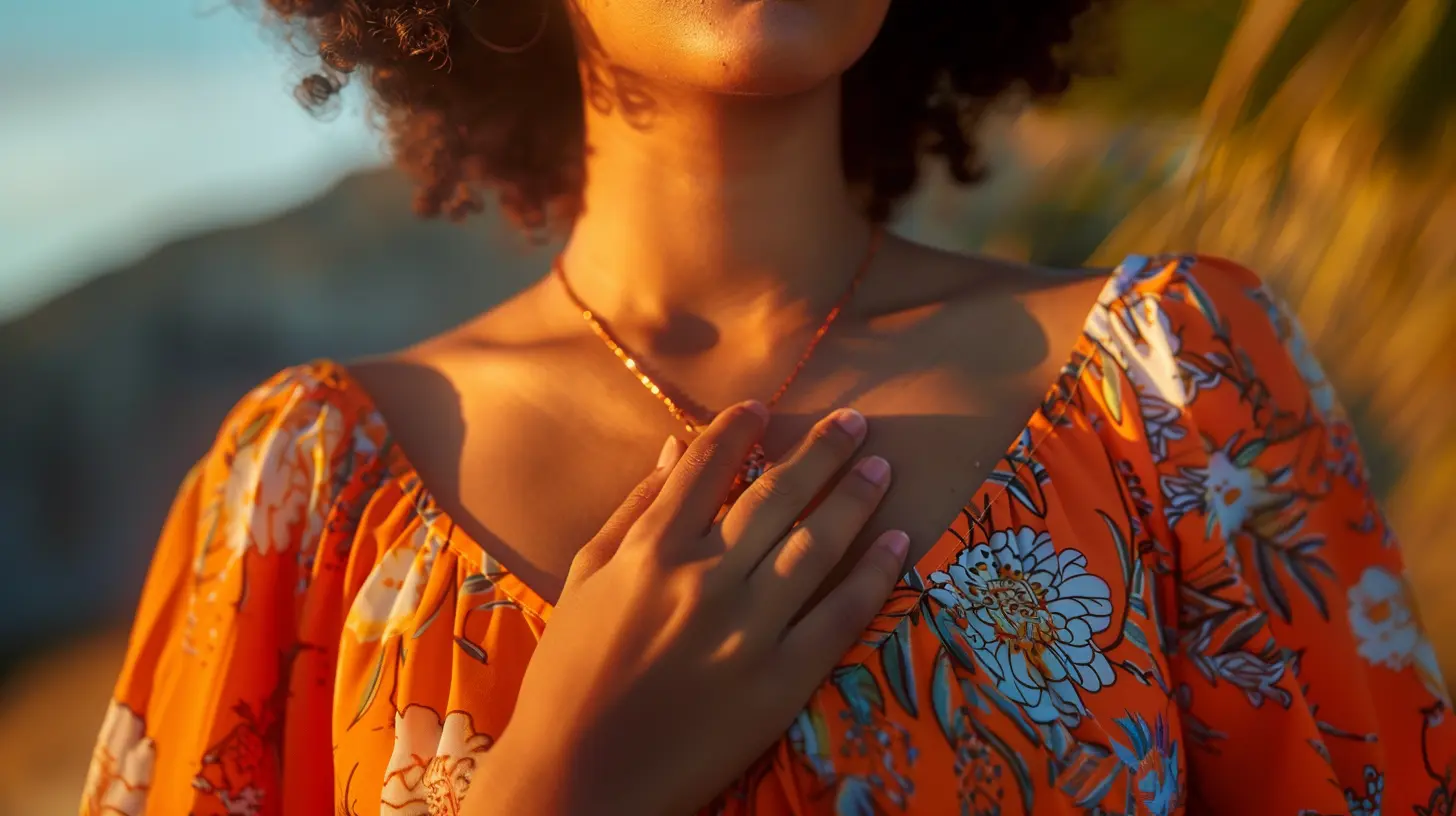 A woman with her hand on her heart in toxic gratitude