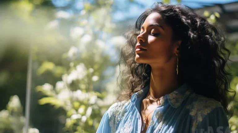 A woman with her eyes closed and practicing manifestation