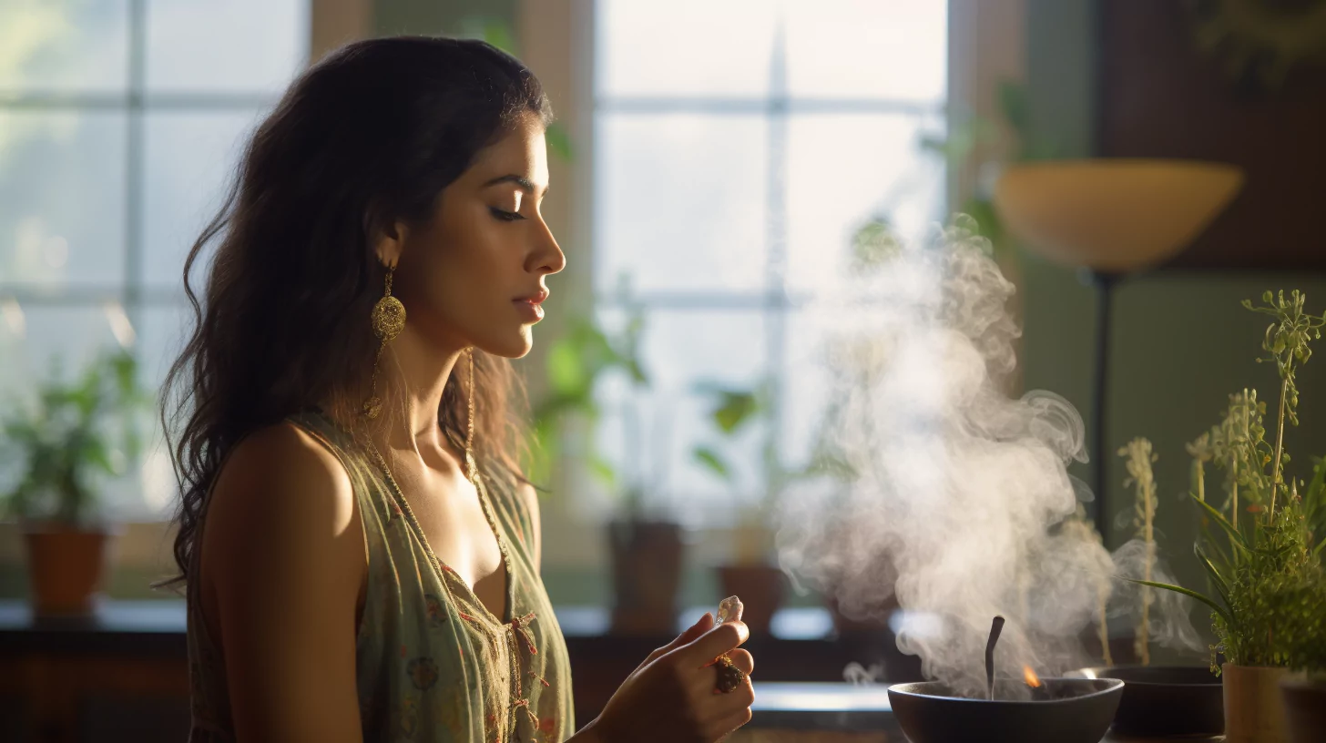 A woman using incense for spiritual cleansing