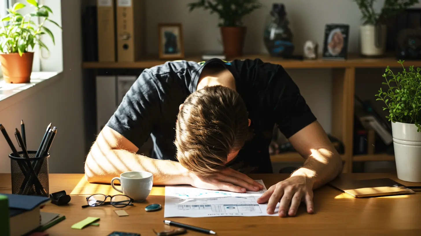 A man with a lack of motivation laying his head down on a desk