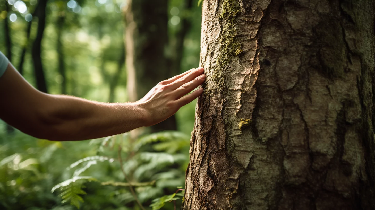 A man touching a tree as part of a spiritual cleansing