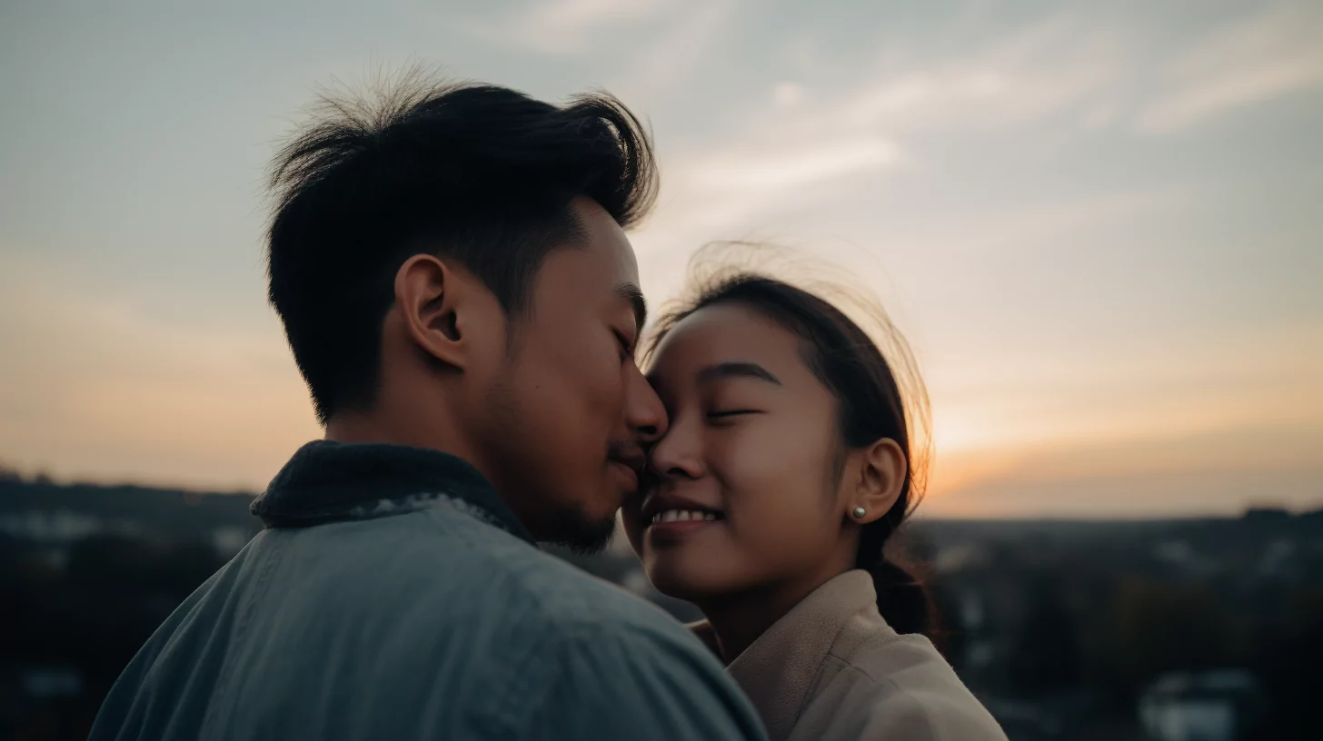 Couple embracing with a sunset in the background