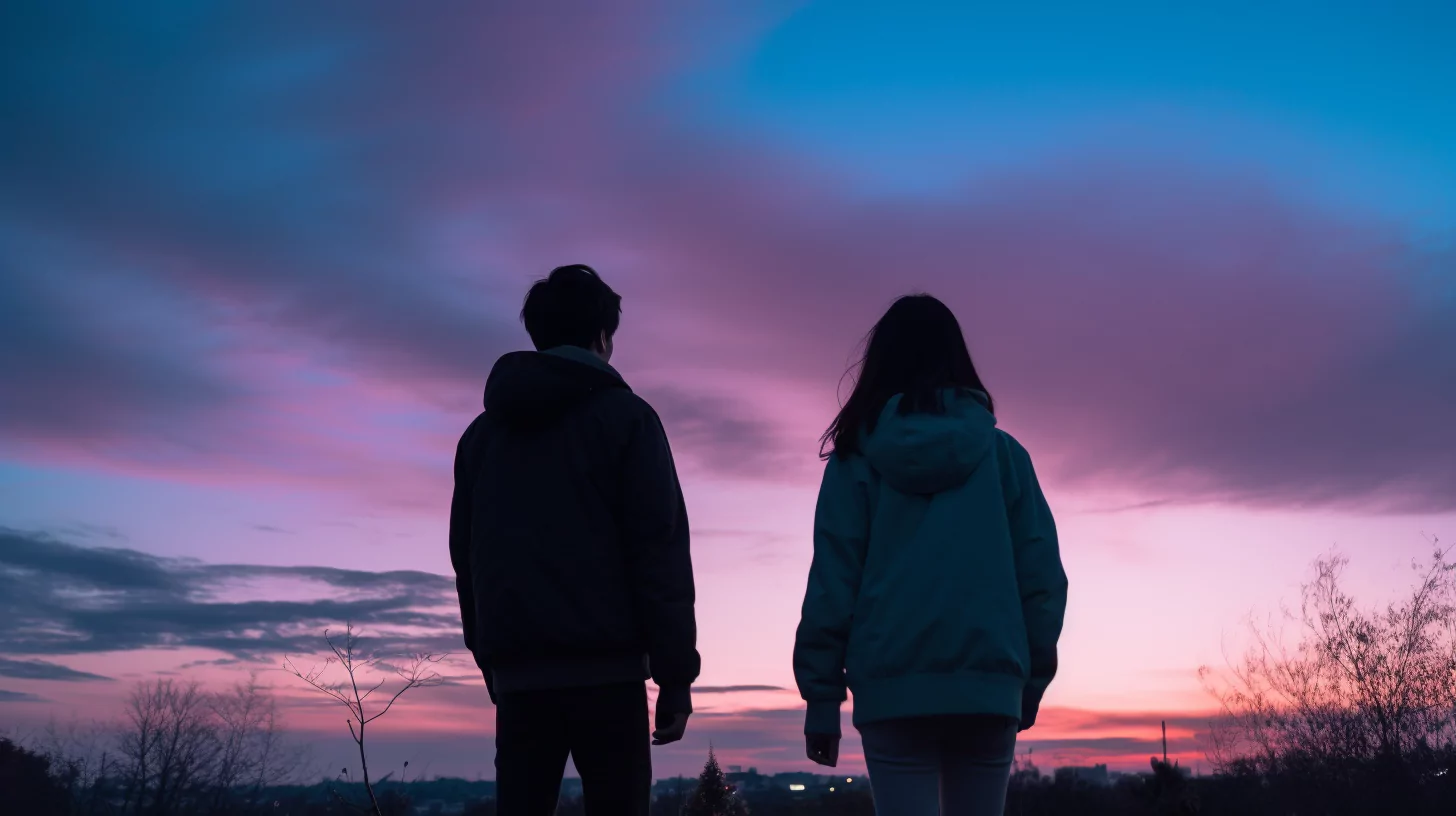 Couple with philophobia watching a purple and blue sunset