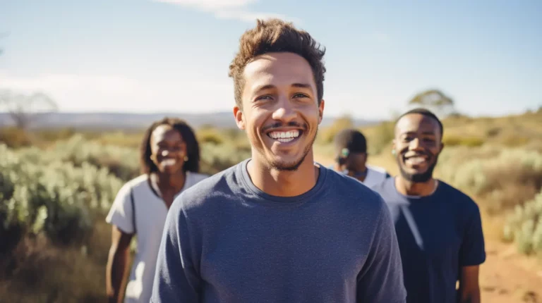 A happy man in nature with his friends