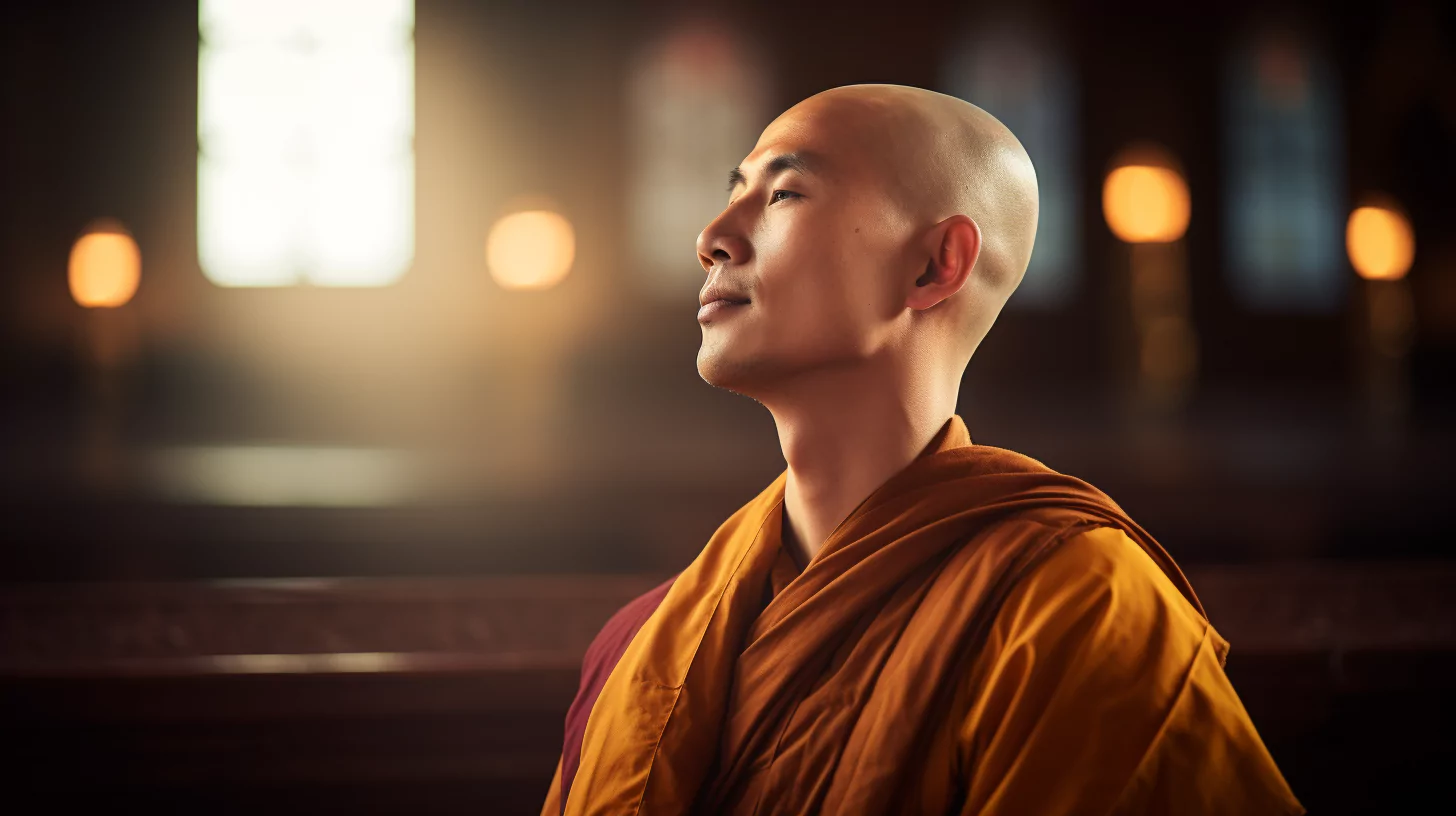 A Buddhist monk meditating in a Buddhist temple