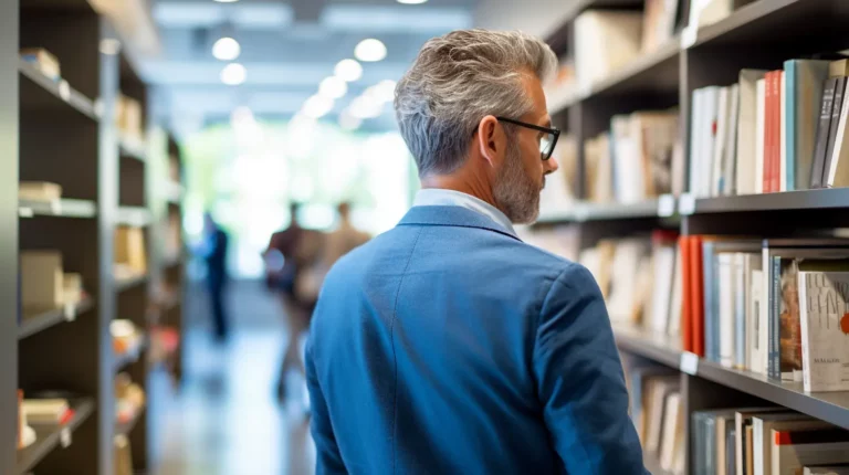 Man walking through a bookstore and looking at books