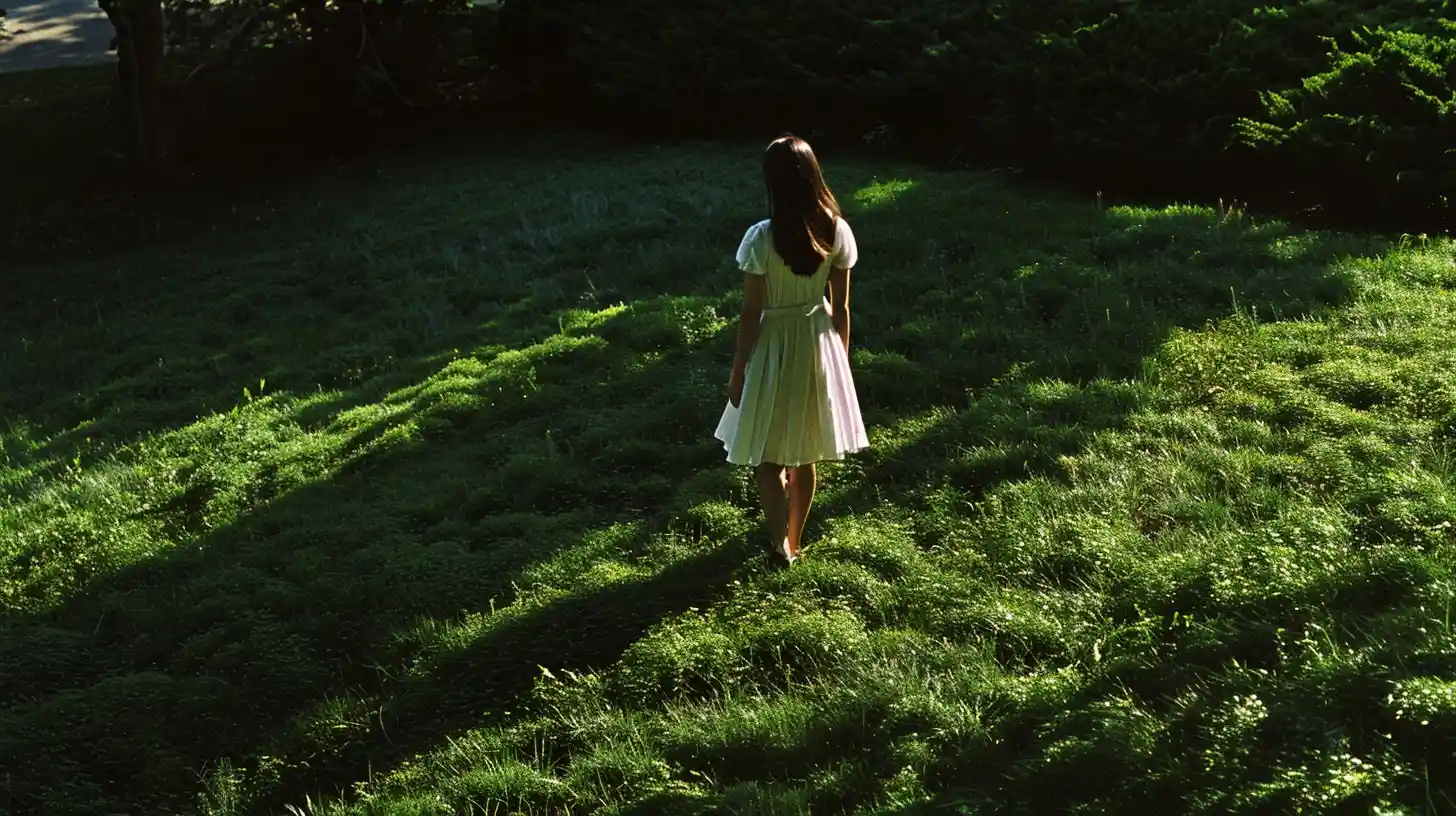 A woman standing barefoot on grass and grounding herself