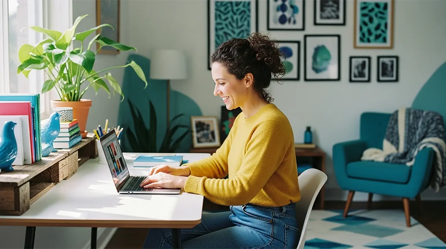 A woman working on her laptop in a home office to show how to be more productive