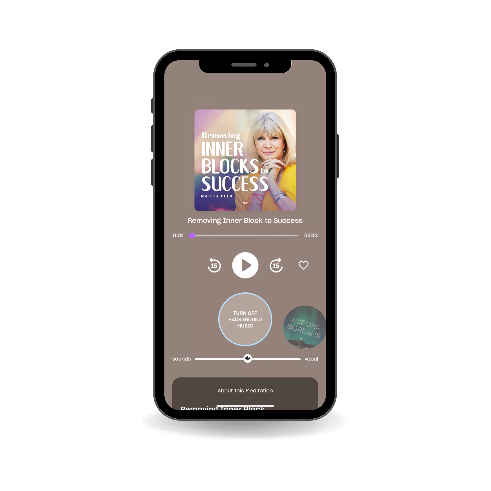 Mockup of Removing Inner Blocks to Success meditation guided by Marisa Peer on the Mindvalley app