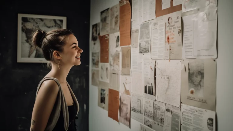 Woman looking at a vision board to answer the question "Where do you see yourself in 5 years?"