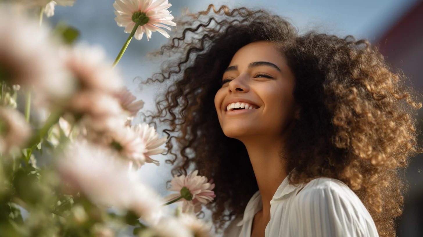 Happy woman smelling the flowers for inner child work