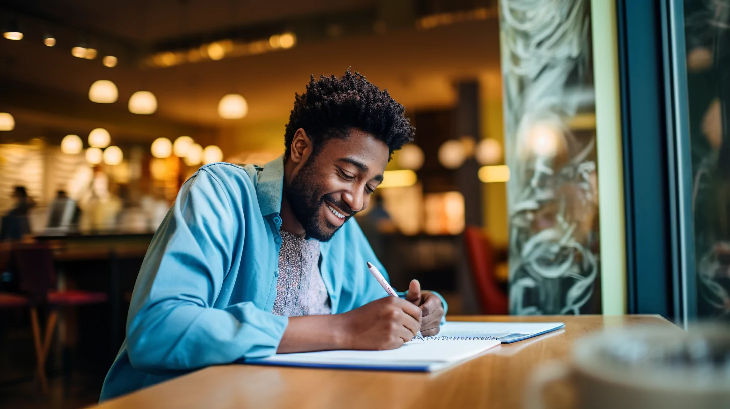 Man writing his focus wheel in a notebook