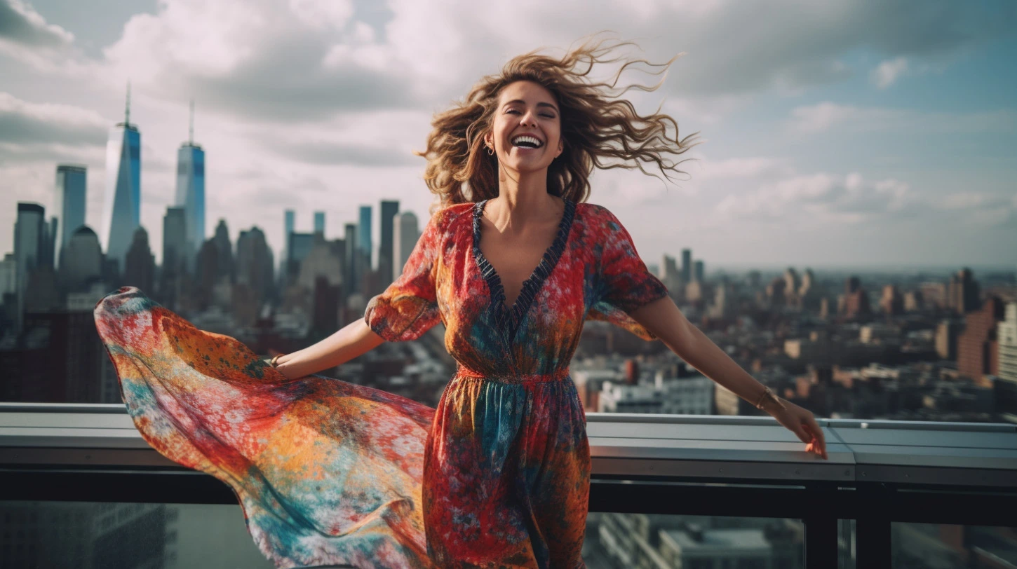 Woman flying in a vivid dream above New York City