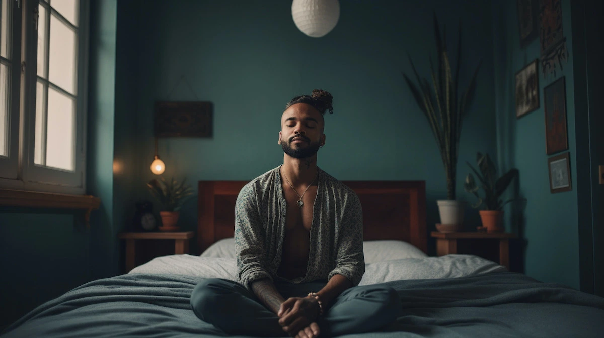 Man meditating the ganesh mantra in his bedroom