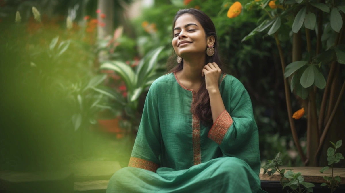 Woman sitting in a garden, exploring the Atharva Veda