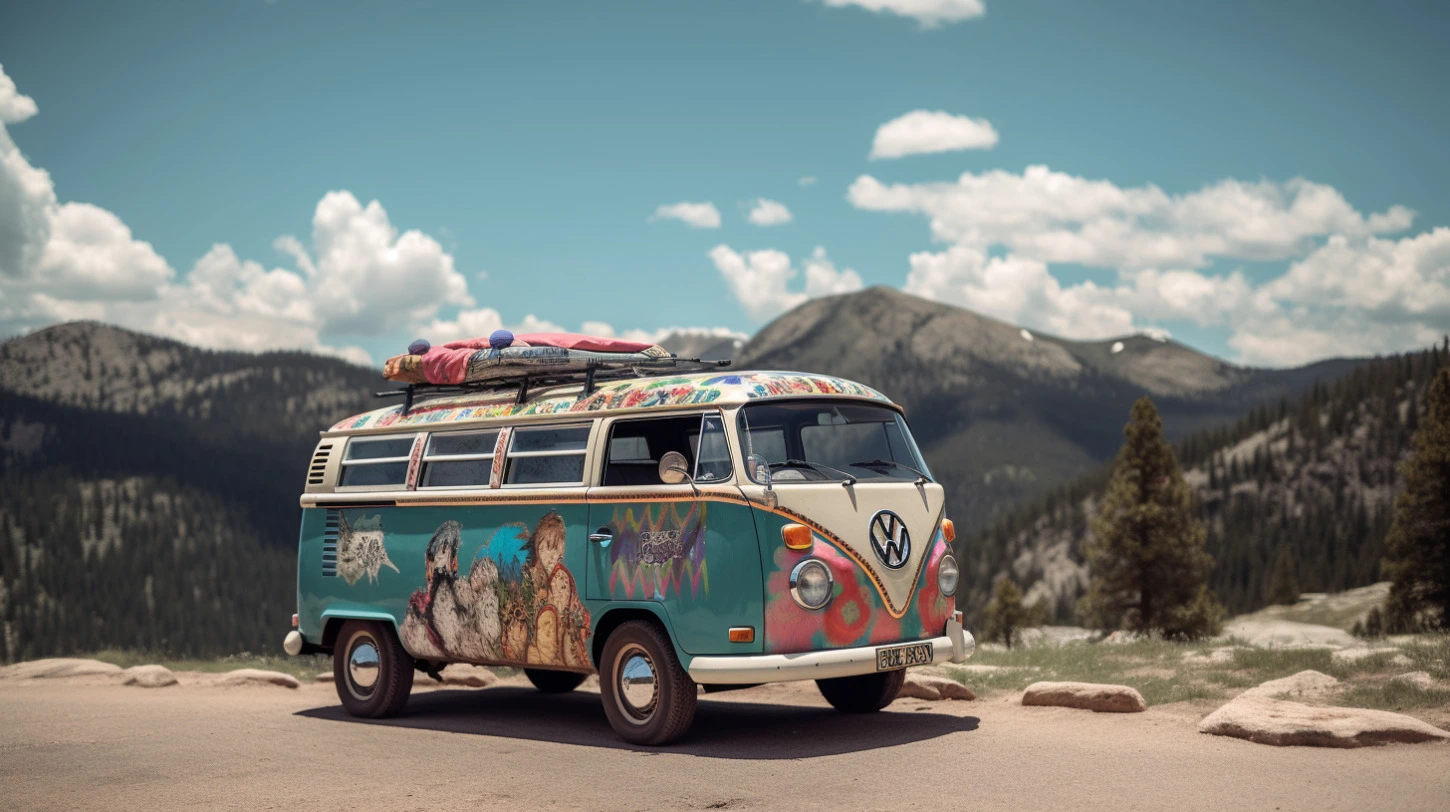 A colorful old VW van on a road with a mountainous background