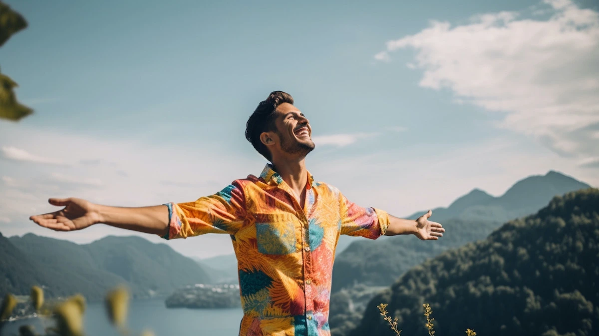 Man standing on top of a mountain with his arms spread open