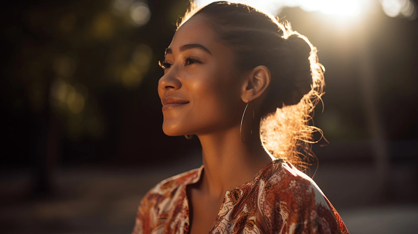 Peaceful woman embracing mindfulness during golden hour meditation