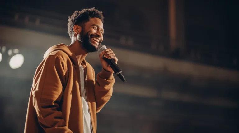 A man on stage speaking in public