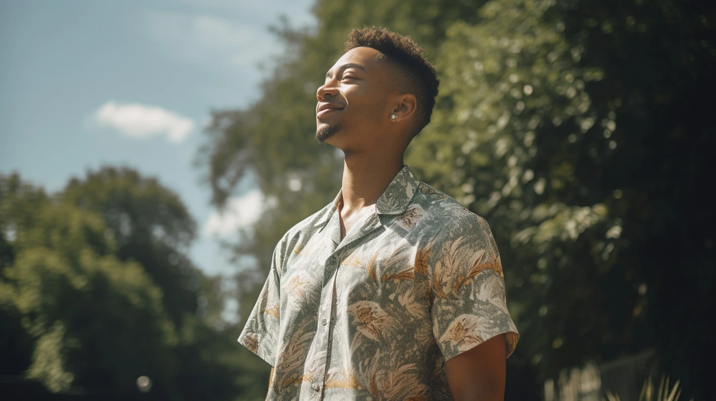 Man looking up with his eyes closed and smiling as he embarks on his spiritual journey