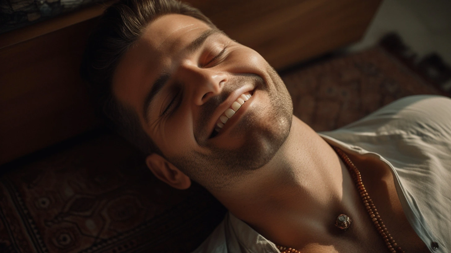 A smiling man in meditation state wearing a beaded necklace, with a chakra stone on his throat.