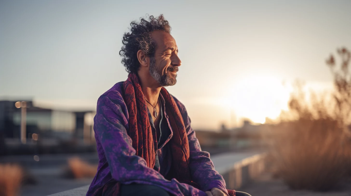 Man practicing his even meditation outdoors during sunset