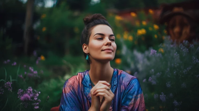 Woman sitting in a garden and doing a reiki meditation