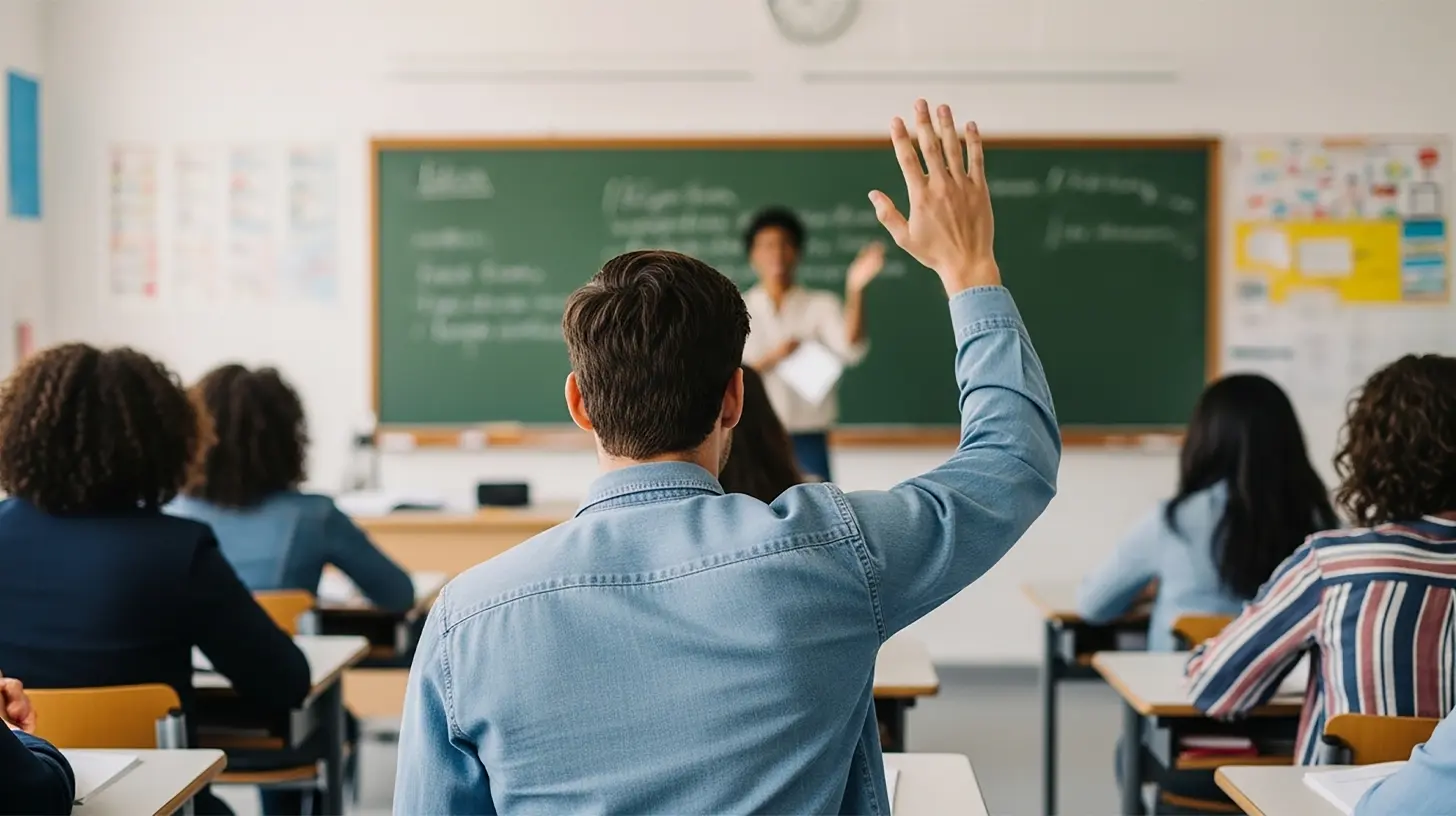 A man with linguistic intelligence raising his hand in a language class