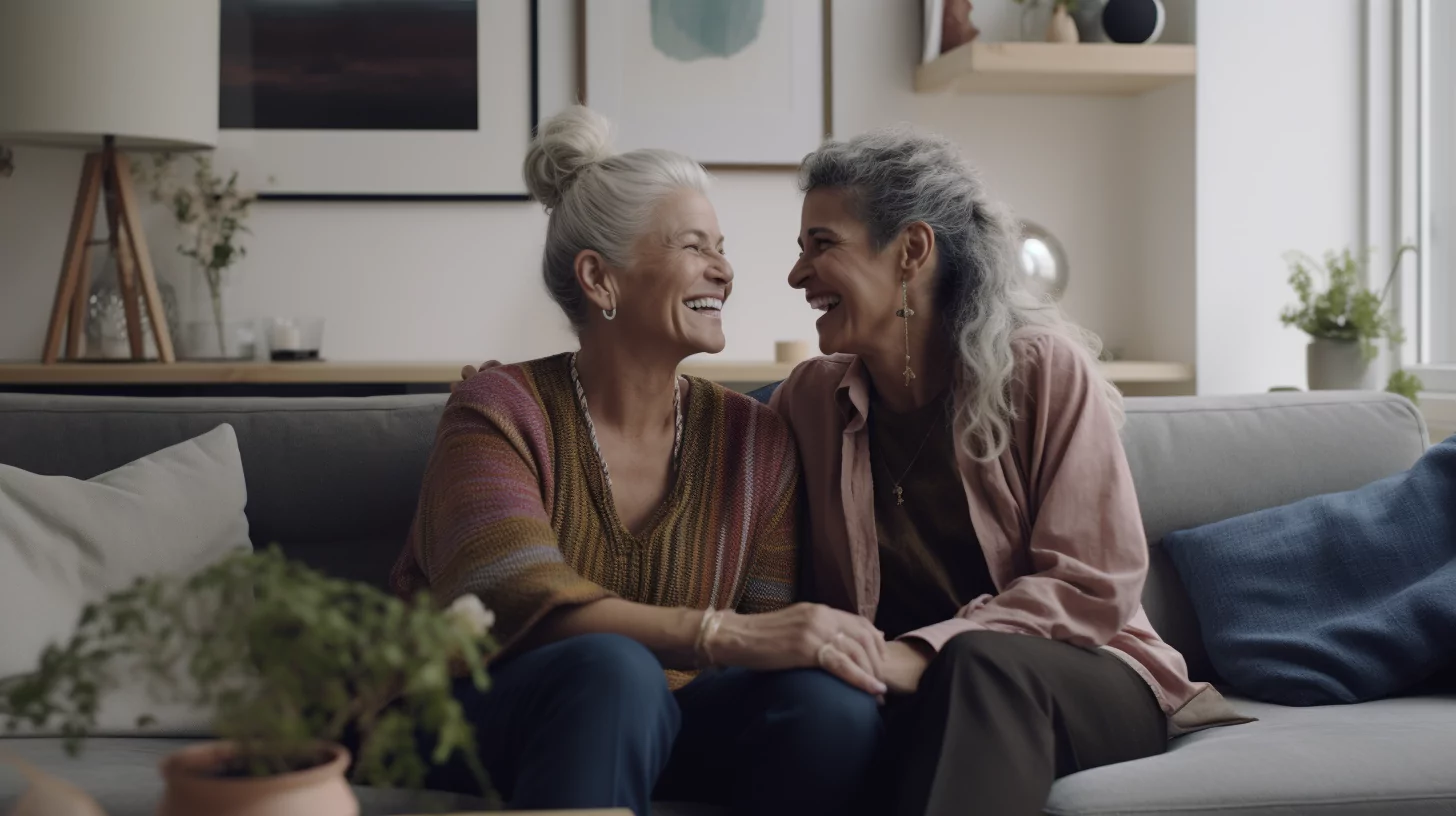 Friends laughing together while sitting on a couch as part of their apology language