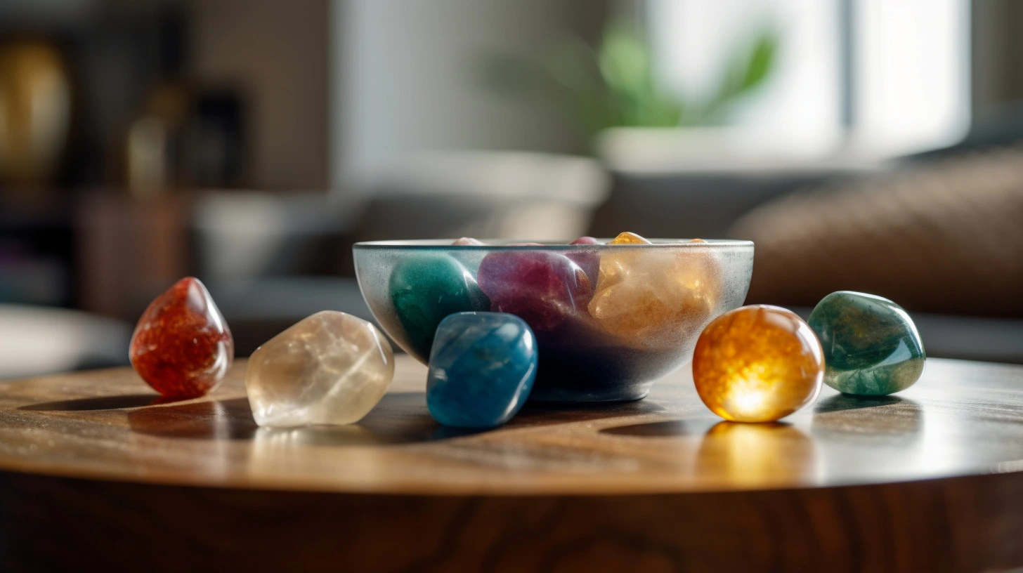 Healing crystals in a glass bowl for energy and chakra alignment