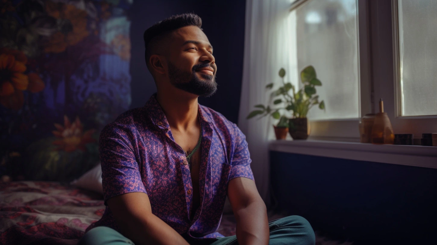 Man sitting in a living room and doing a reiki meditation