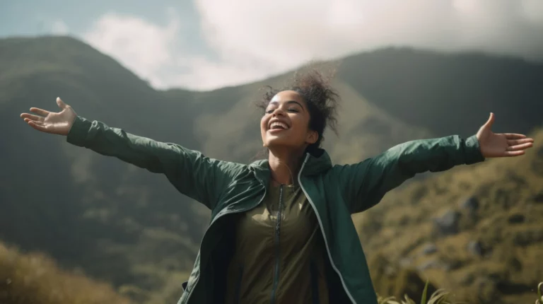 Woman on a spiritual journey on a mountain, smiling with her arms out