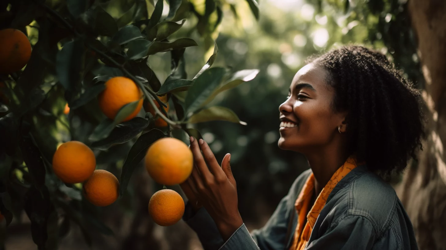 AI-generated image of a woman picking an orange from an orange tree