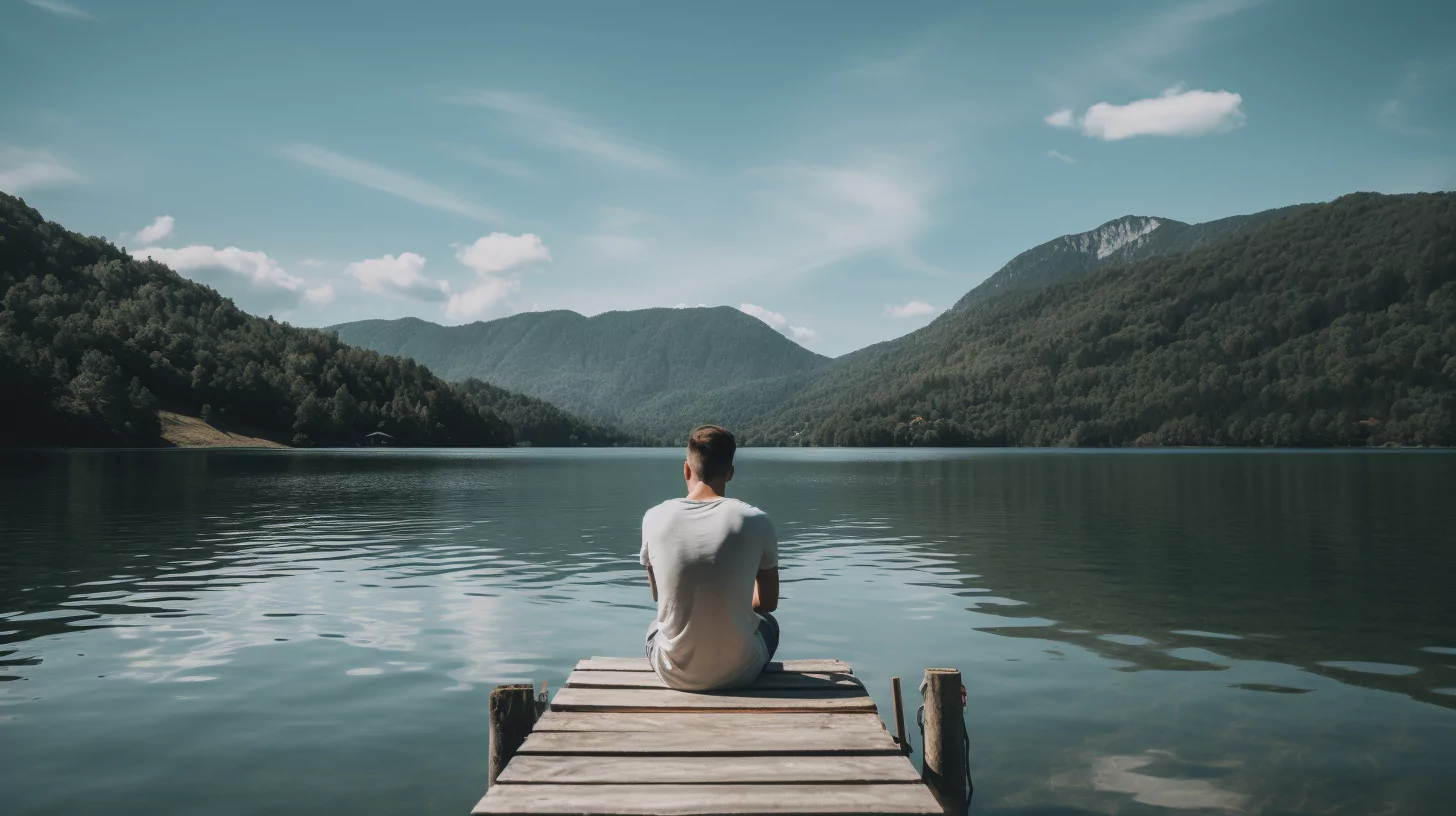 Man sitting on a dock at a lake and looking at the mountainous background
