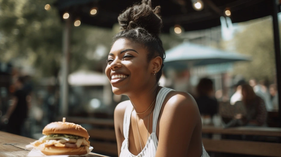 AI-generated image of a woman at a restaurant and having a hamburger to satisfy her food cravings