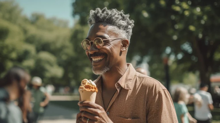AI-generated image of a man in a park and having an ice cream to satisfy his food cravings