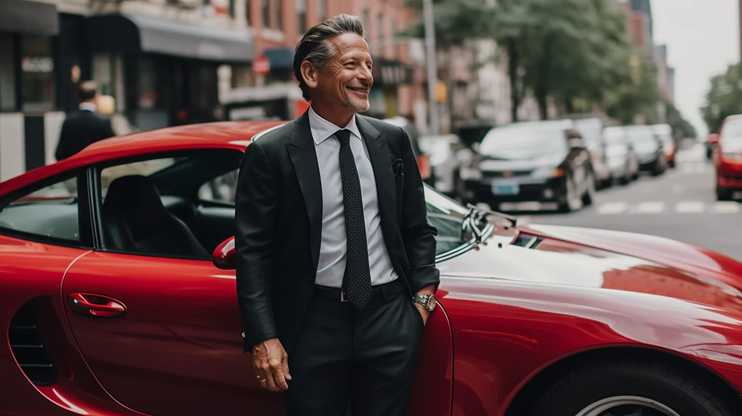 AI-generated image of a man standing next to a red Porsche during a midlife crisis