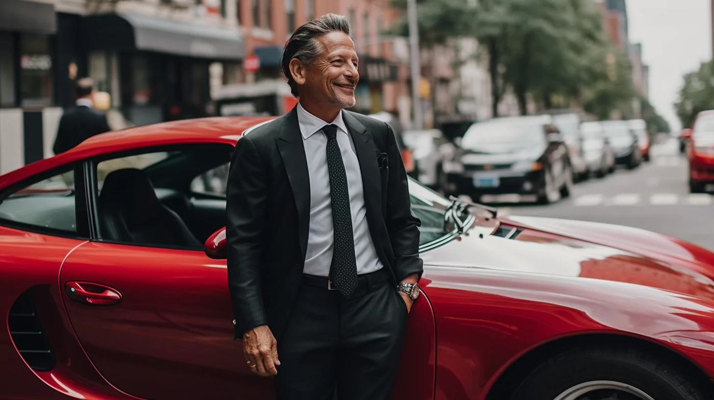 A man standing next to a red Porsche during a midlife crisis