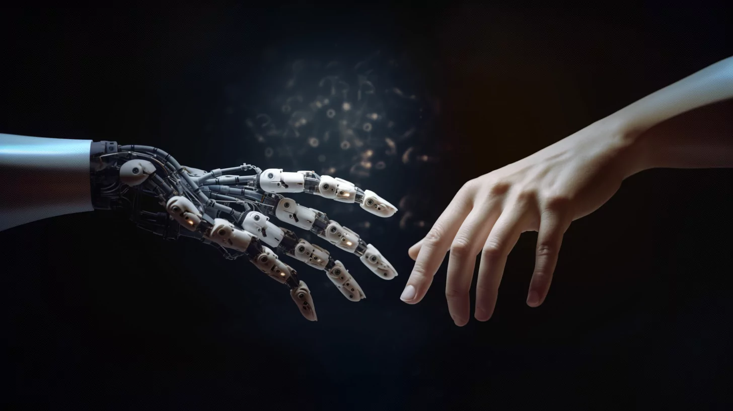 AI-generated image of a robot hand and a human hand reaching out to each other