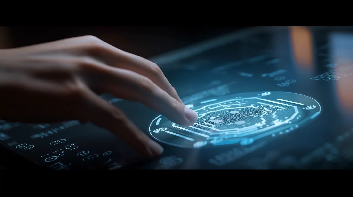 A hand touching a futuristic button