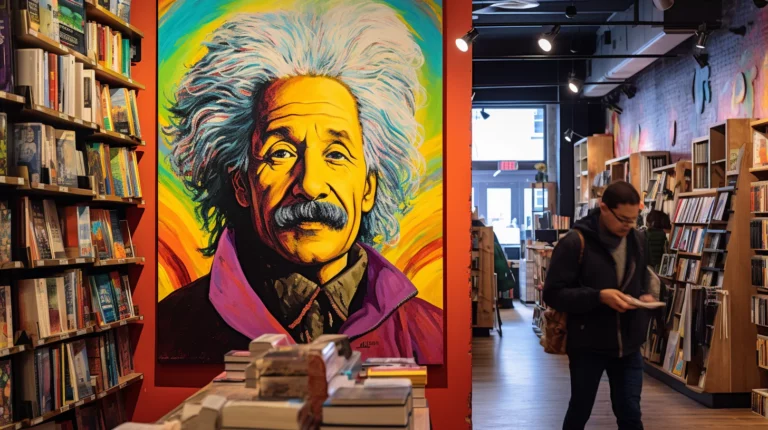 AI-generated image of a man walking past a poster of Albert Einstein in a bookstore